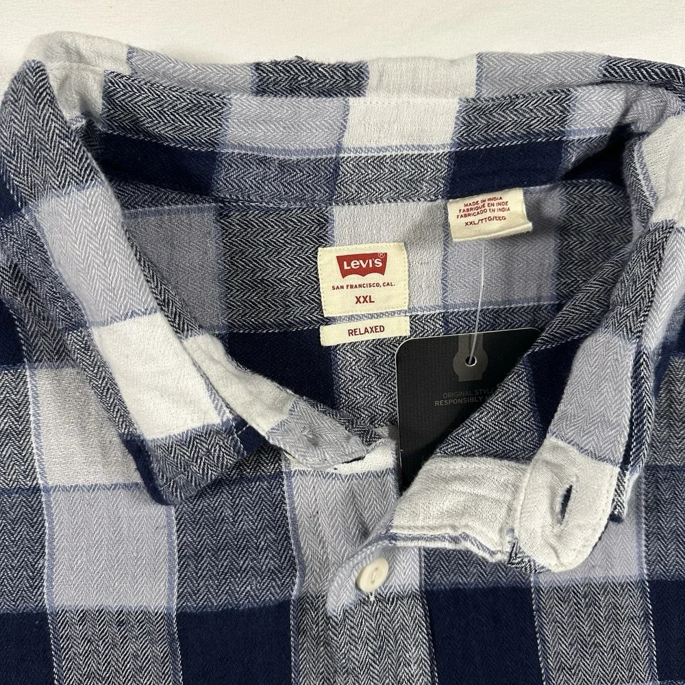 LEVI'S THE WORKER RELAXED FIT MENS‎ XXL Blue White Plaid FLANNEL LONG SLEEVE NWT